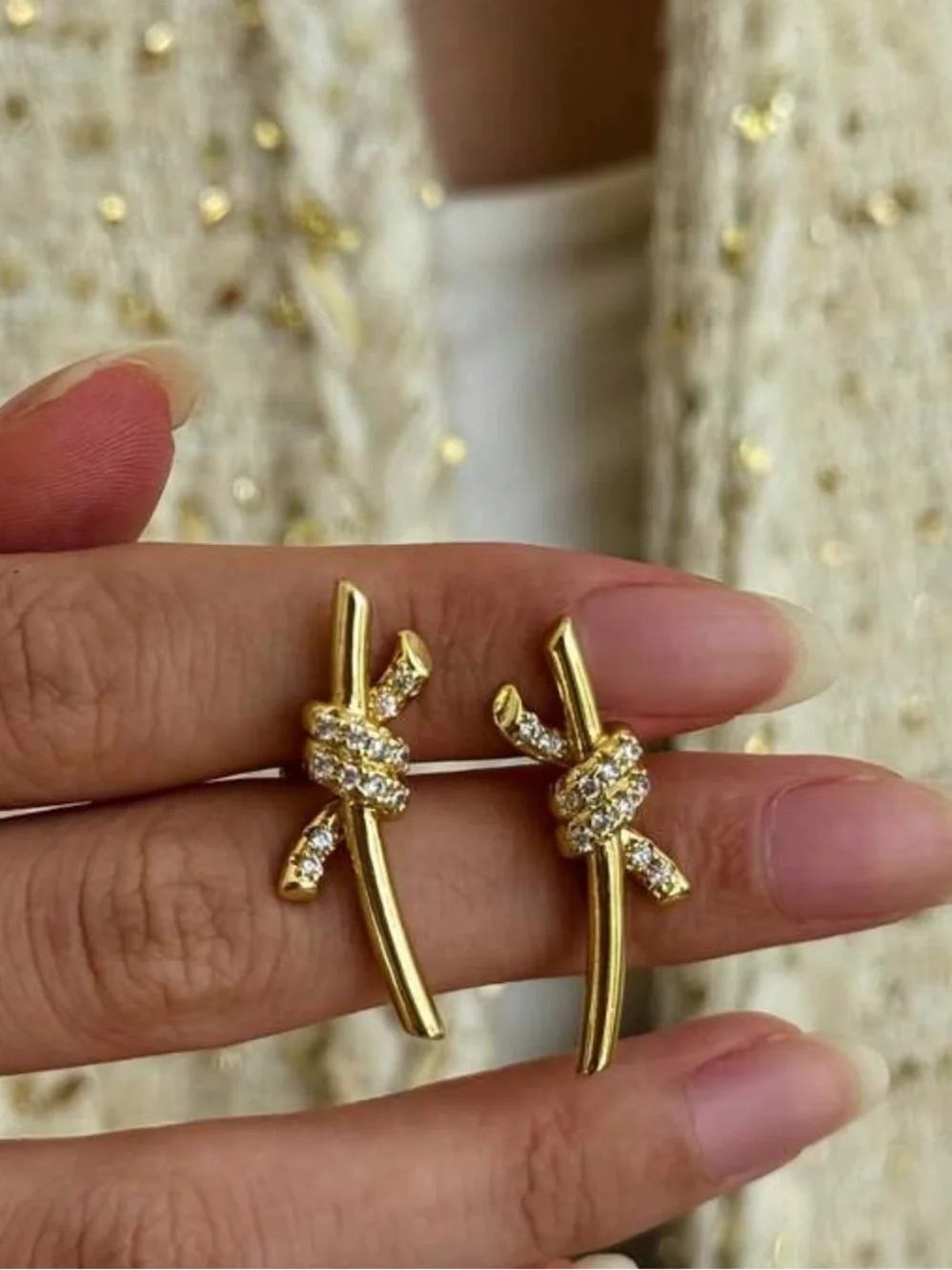 Gold Knot Crystal Drop Stud Earrings - Women's Jewelry